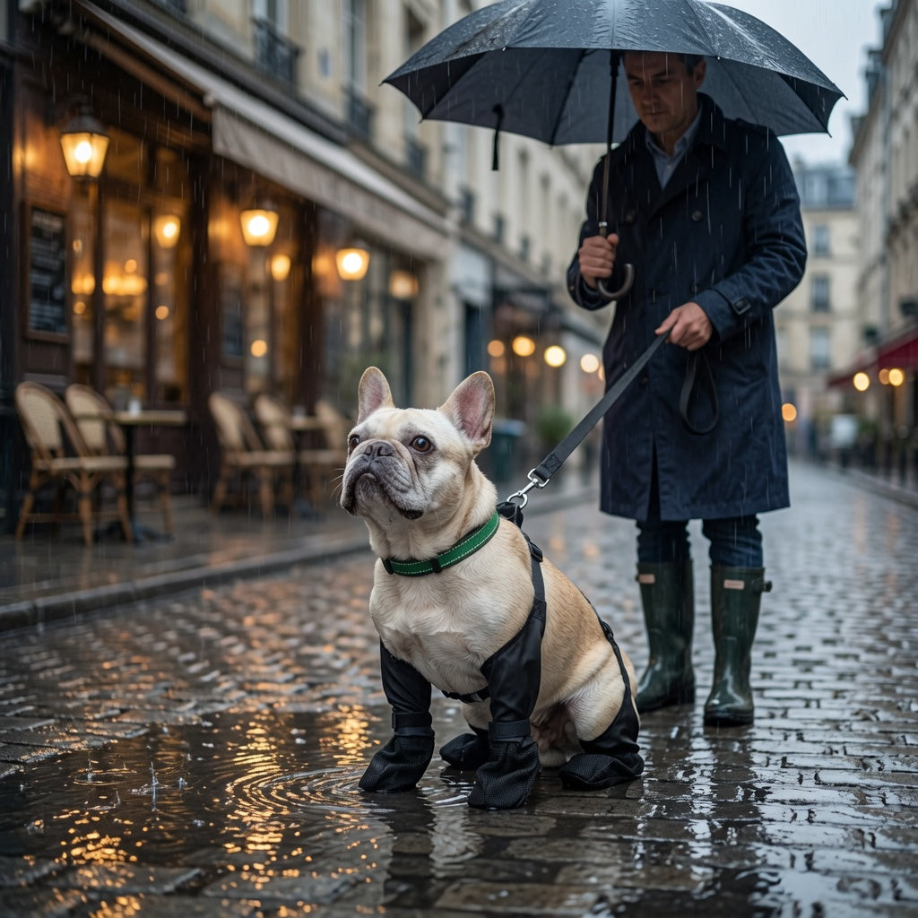 Person walking a dog who is wearing Waterproof Adjustable Dog Boots in the rain with an umbrella in a city street.