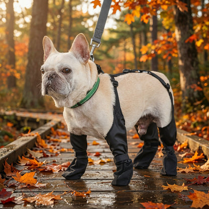 Dog wearing black Waterproof Adjustable Dog Boots in an autumn forest setting