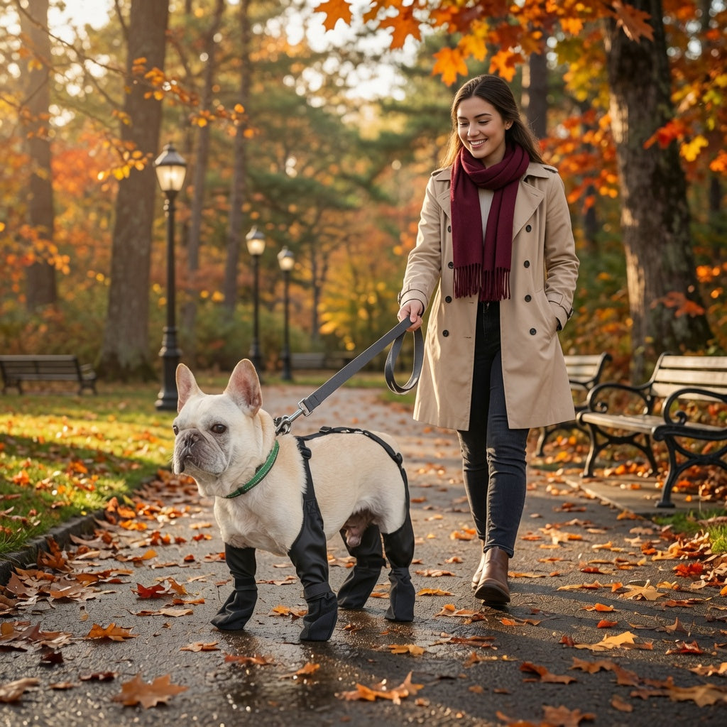Woman walking a dog wearing a Waterproof Adjustable Dog Boots in an autumn park