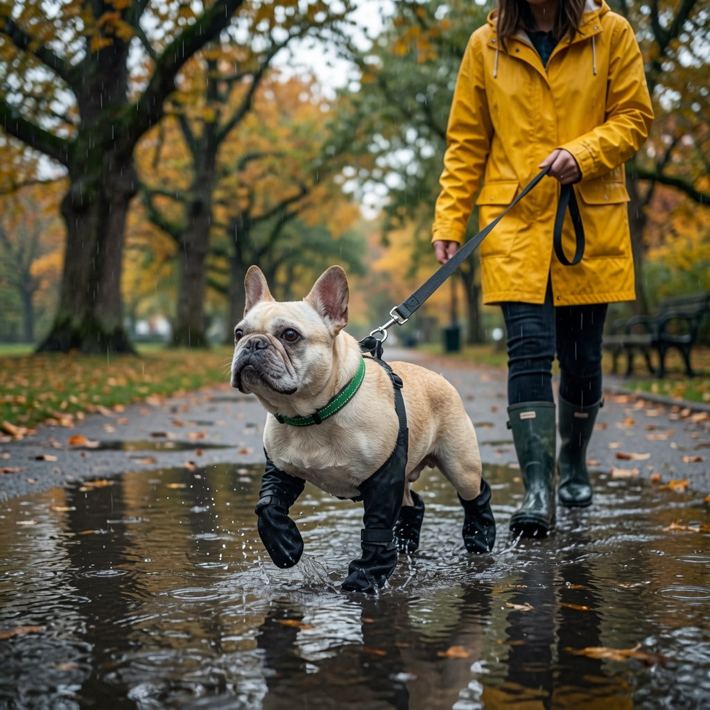 Person in a yellow raincoat walking a dog wearing a Waterproof Adjustable Dog Boots in a park.