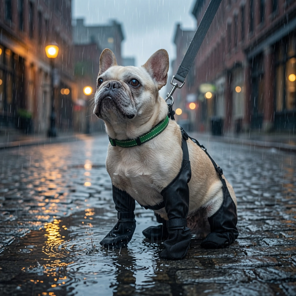 Dog wearing Waterproof Adjustable Dog Boots on a wet street with buildings in the background