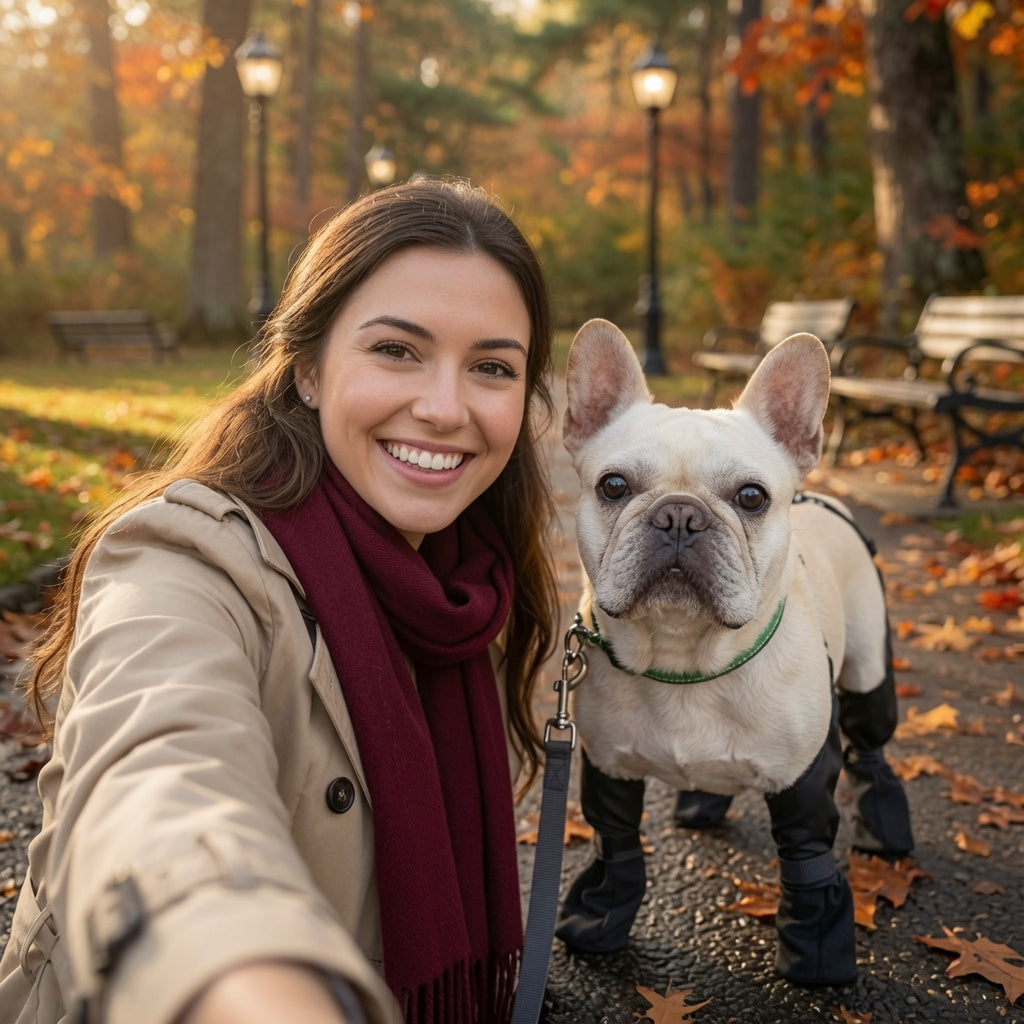 Woman taking a selfie with a dog wearing a Waterproof Adjustable Dog Boots in an autumn park