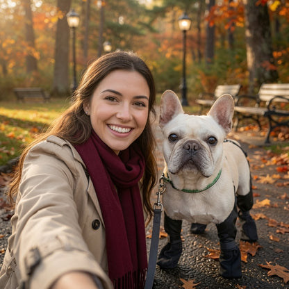 Woman taking a selfie with a dog wearing a Waterproof Adjustable Dog Boots in an autumn park