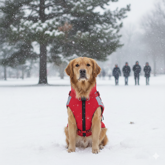 Dog wearing a red Winter Cotton Dog Jacket in a snowy landscape with people in the background