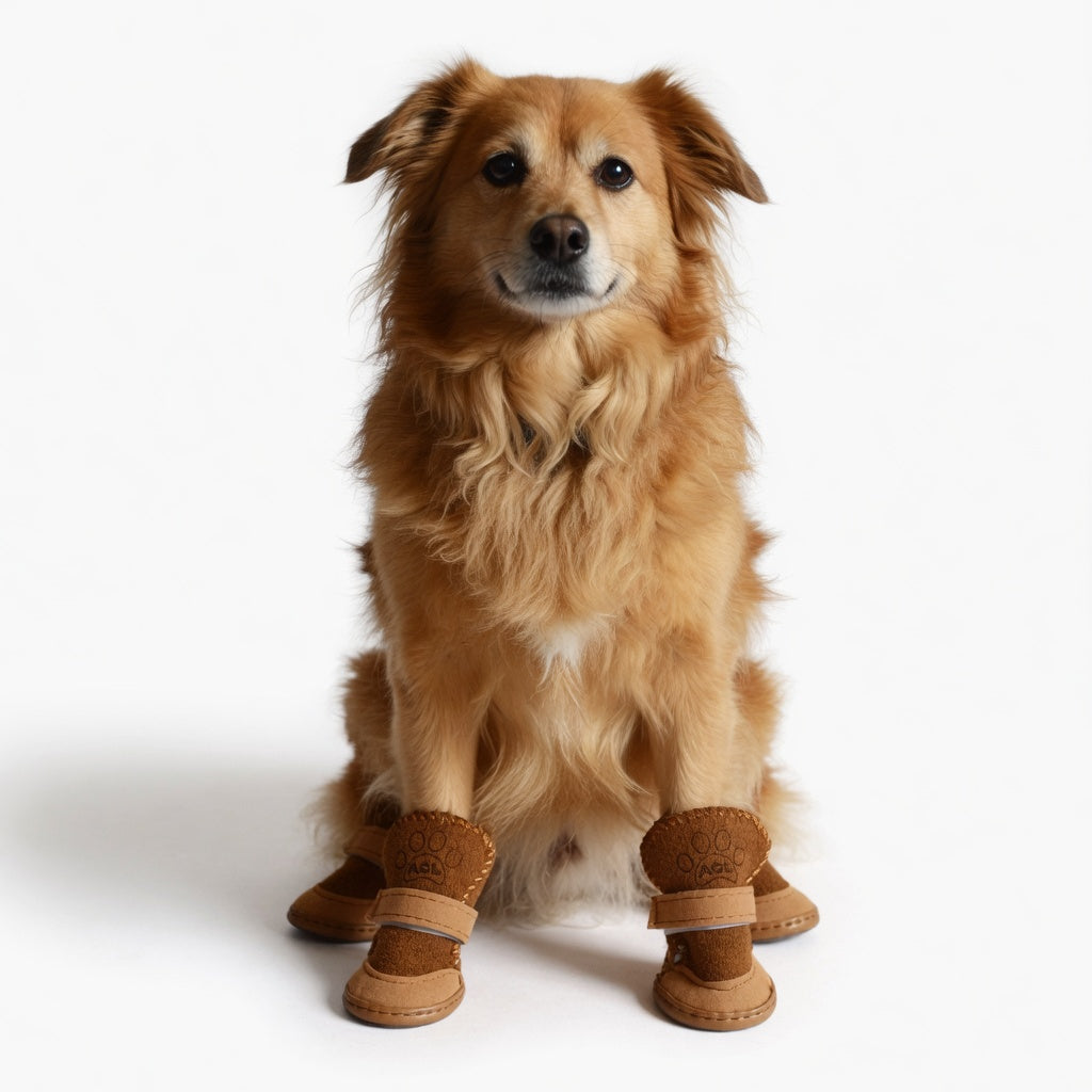 Dog wearing brown winter dog boots on a white background