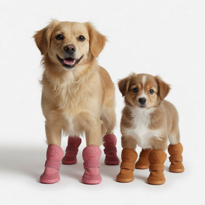 Two dogs wearing pink and brown winter dog boots on a white background