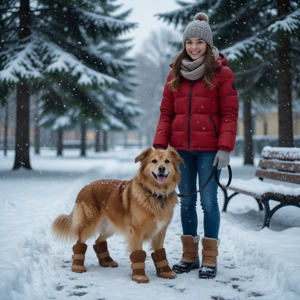 Woman in a red coat and brown boots standing with a dog in a snowy park wearing his winter dog boots.