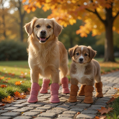 Two dogs, one adult and one puppy, wearing winter dog boots in a park with autumn leaves.