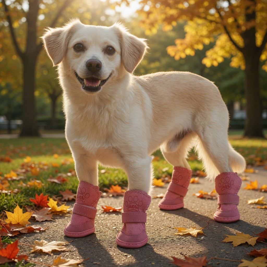 Dog wearing pink winter dog boots in a park with autumn leaves