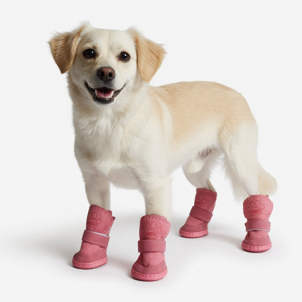 Dog wearing pink winter dog boots on a white background