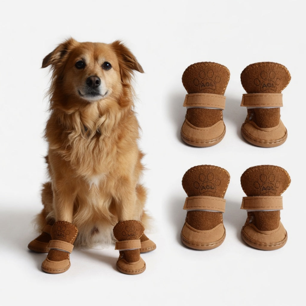 Dog wearing brown winter dog boots with additional pairs displayed on a white background