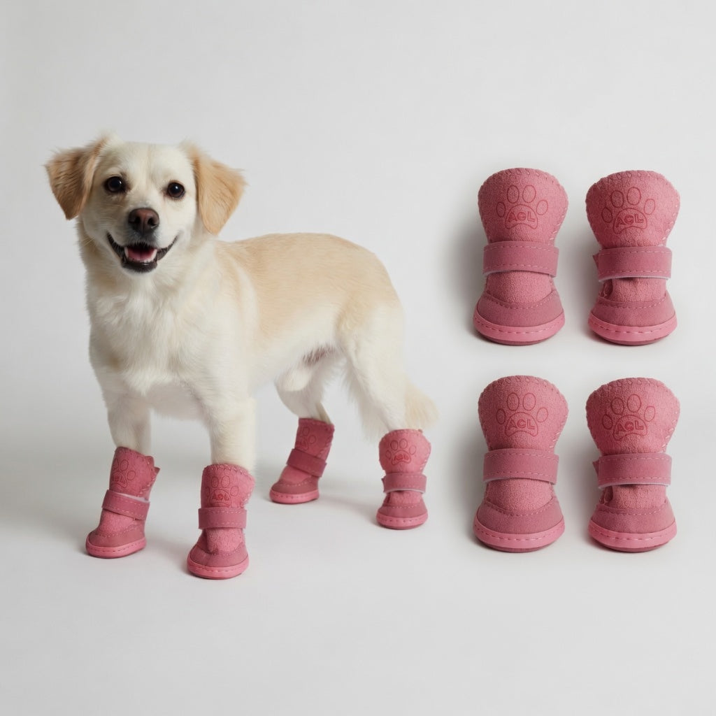 Dog wearing pink Winter Dog Boots with additional boots displayed on a white background