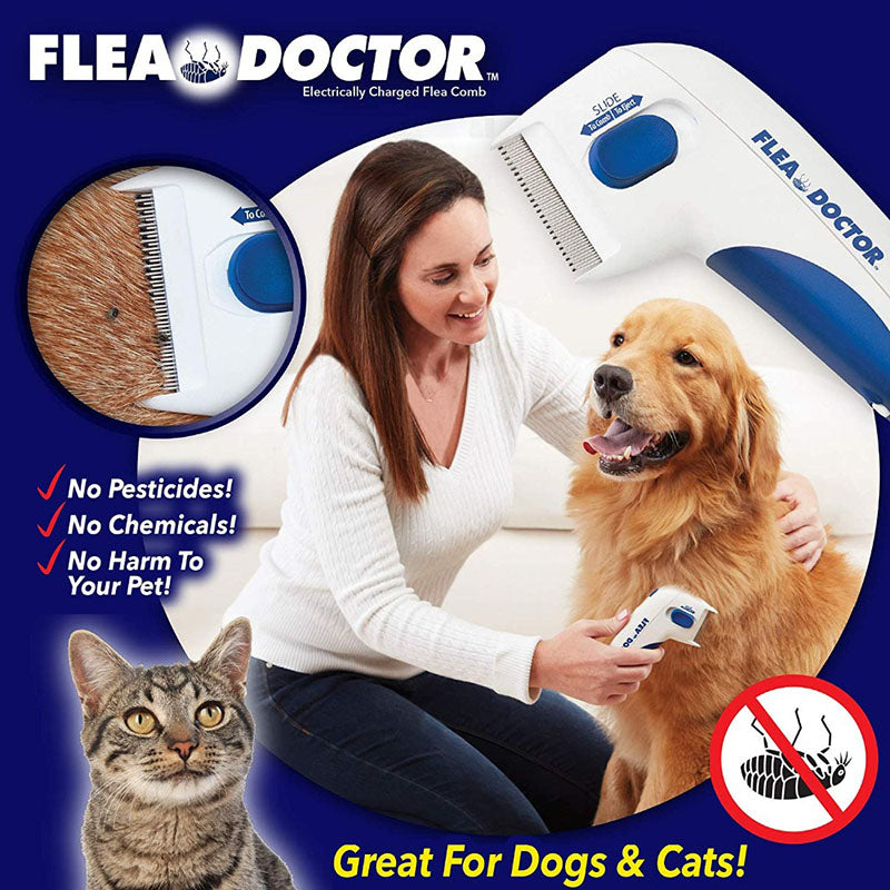 Woman using Flea Doctor Electric Flea Comb on her dog, highlighting its pesticide-free benefits while removing fleas gently and safely