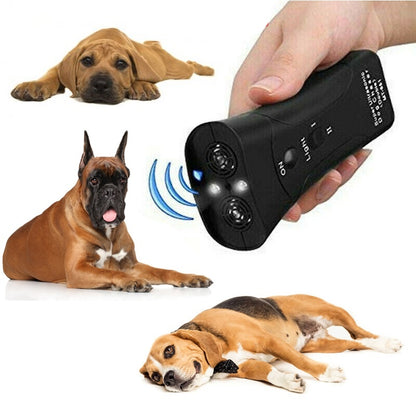 Ultrasonic anti-bark dog training device surrounded by multiple dogs, effective for training and repelling unwanted barking