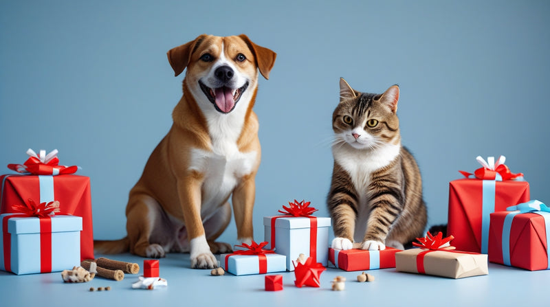 YEP Dog and cat sitting among Christmas presents on a blue background