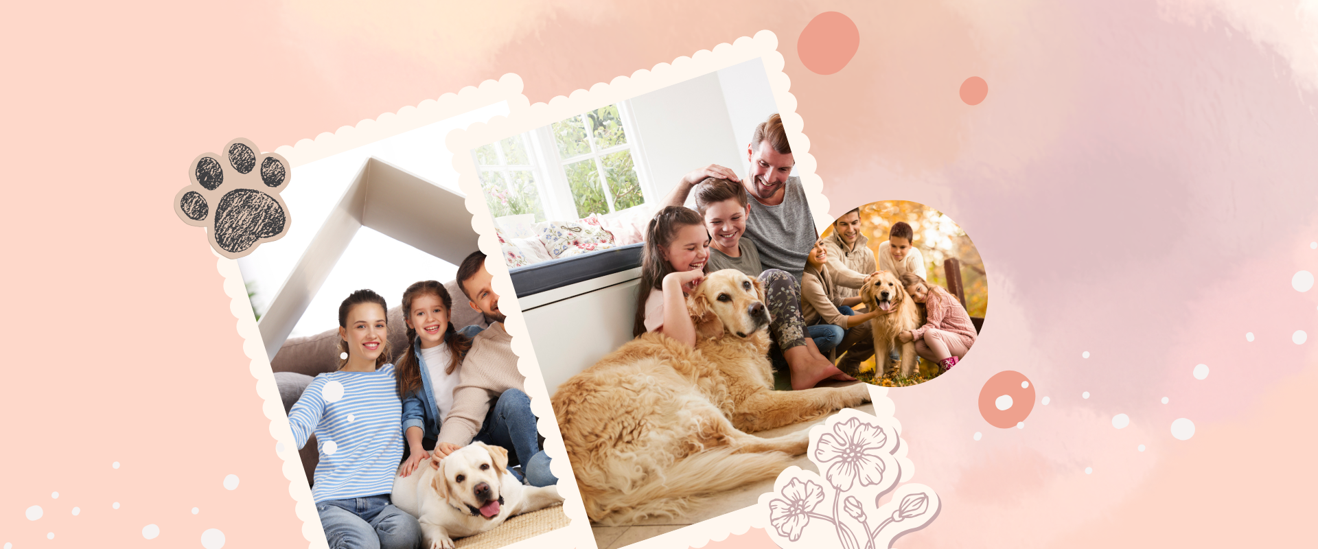 Collage of family and pet photos with paw prints on a pink background