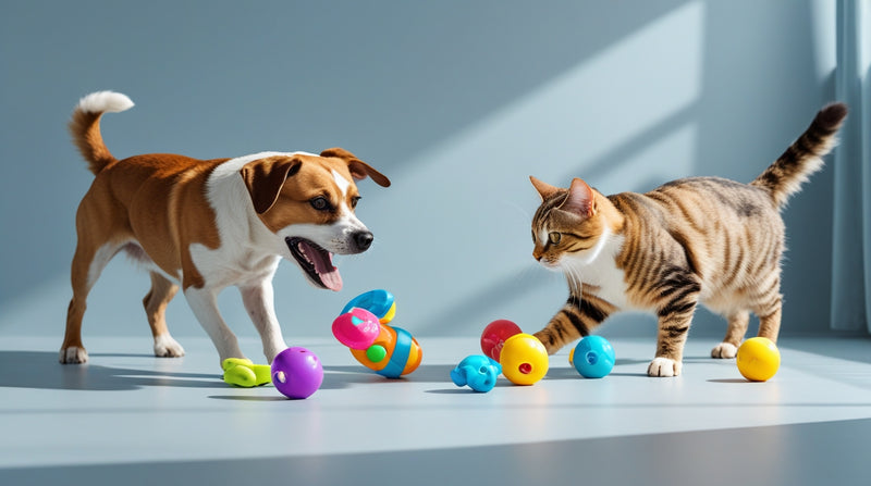 two pets playing with many toys simulating pet toys banner