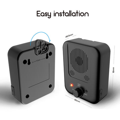 Easy installation guide and product dimensions for the ultrasonic anti-barking device.