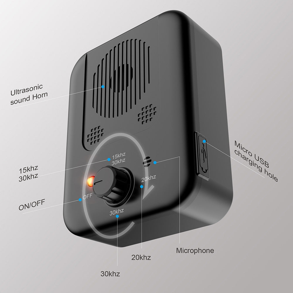 Close-up view of the ultrasonic anti-barking device with labeled buttons and their functions