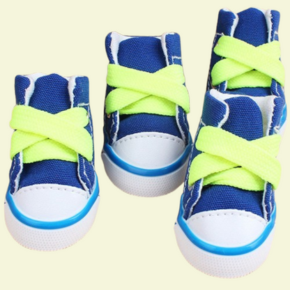 Small dog wearing four canvas sneakers, perfectly fitted on each paw, standing on a sidewalk — photorealistic image focused on pet shoes blue variant