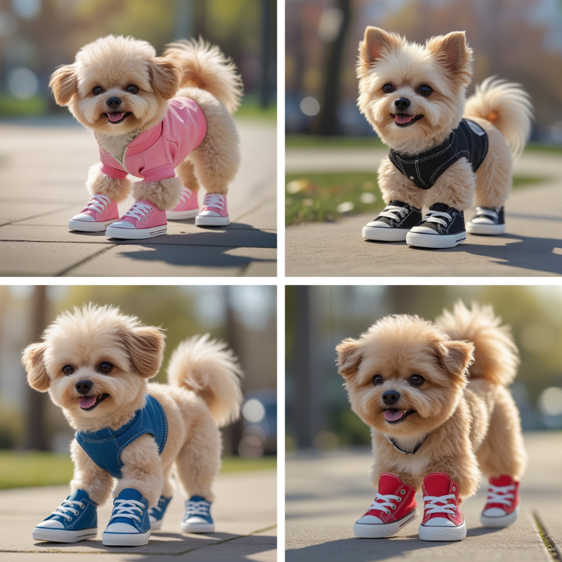 Small dog wearing four canvas sneakers, perfectly fitted on each paw, standing on a sidewalk — photorealistic image focused on pet shoes.