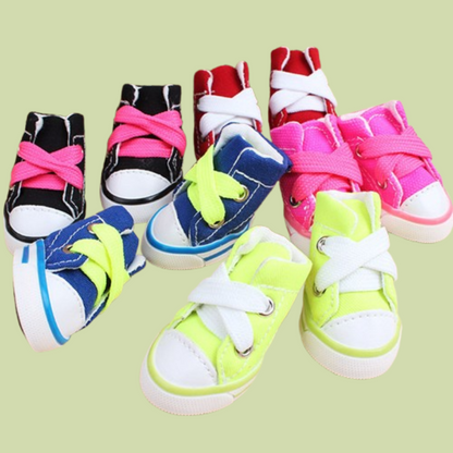 Small dog wearing four canvas sneakers, perfectly fitted on each paw, standing on a sidewalk — photorealistic image focused on pet shoes all variants
