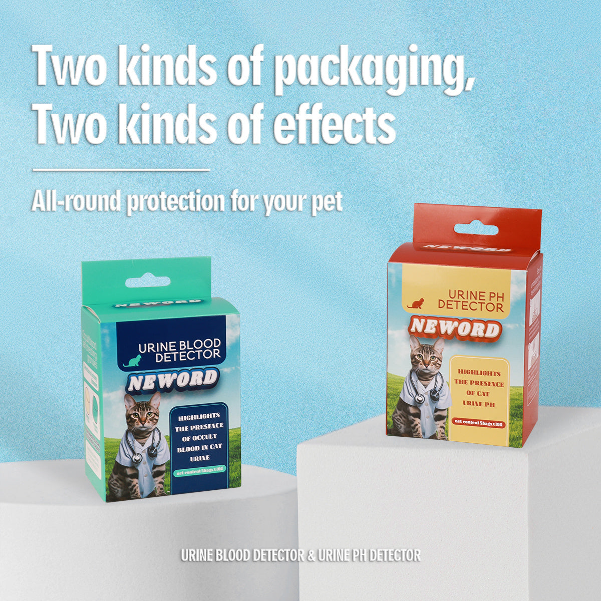 Two variants of innovative cat litter displayed: one for "Urine pH Detector" and the other for "Urine Blood Detector," designed for feline health monitoring