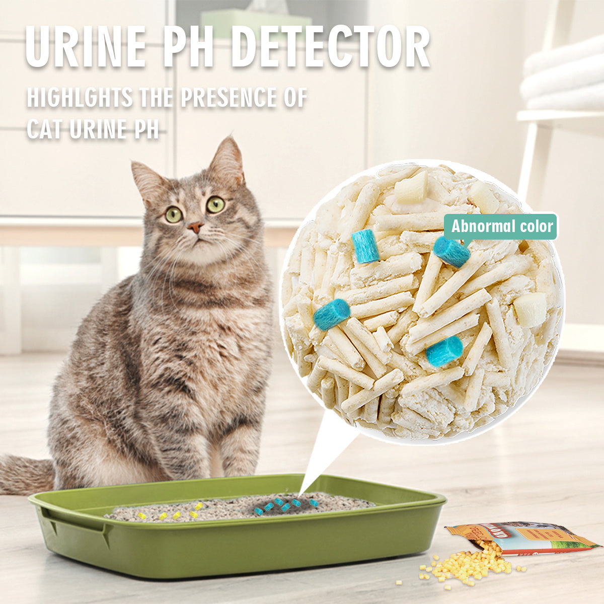 A cat next to innovative cat litter with large text displaying "Urine pH Detector," highlighting its health-monitoring feature