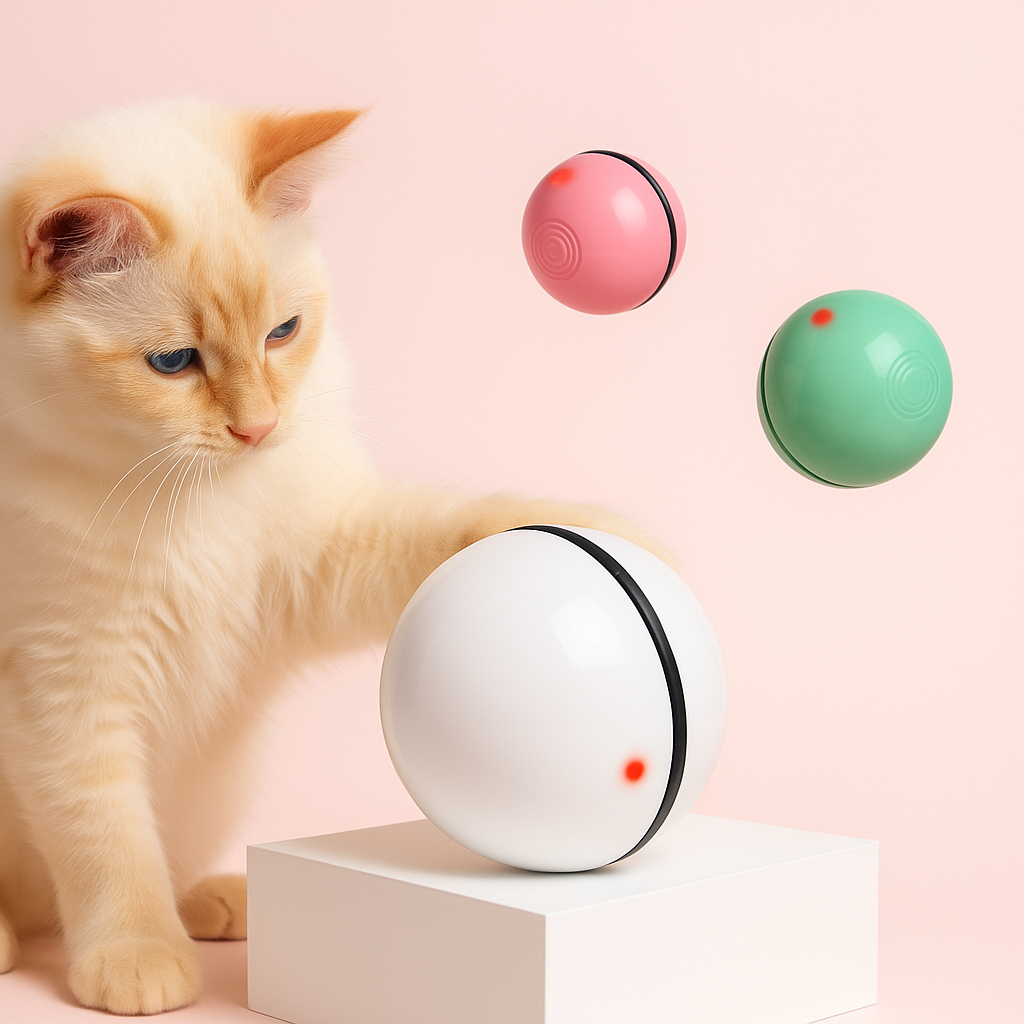 cat playing with the led ball in a pink background 