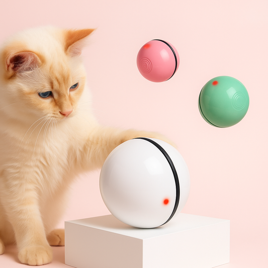 cat playing with the led ball in a pink background 