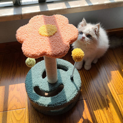 Colorful cat scratcher and climbing toy for claw grinding. Durable sisal, soft fur, and multi-functional design in yellow and pink. Perfect for playful cats variant pink