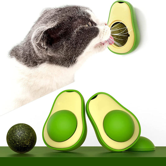 Cat playing with the avocado-shaped toy, showcasing its fun design and engaging features, perfect for stimulating playtime with catnip or gall fruit.