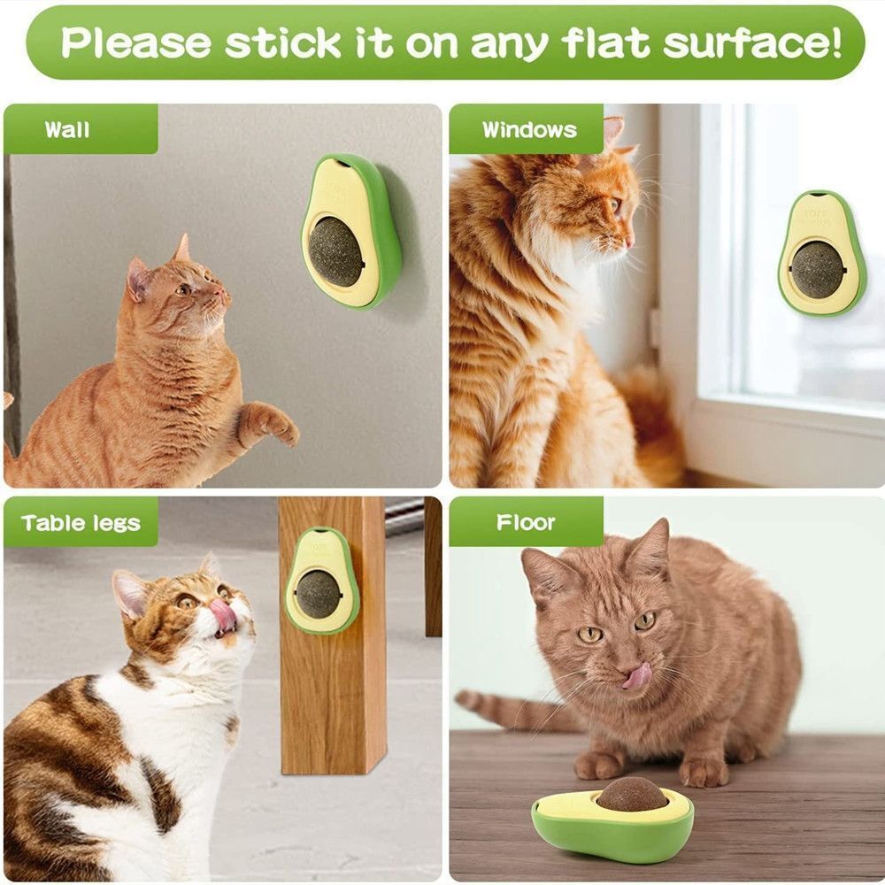 Avocado-shaped catnip toy placed on various surfaces like the wall, floor, and window, showcasing its versatility and easy attachment for playtime.