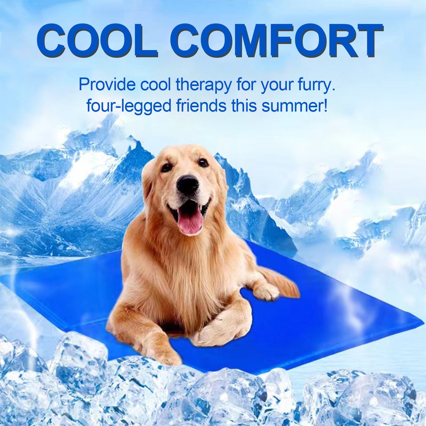 Dog resting on a cooling mat with 'Cool & Comfortable' text, emphasizing its refreshing and cozy design for pets