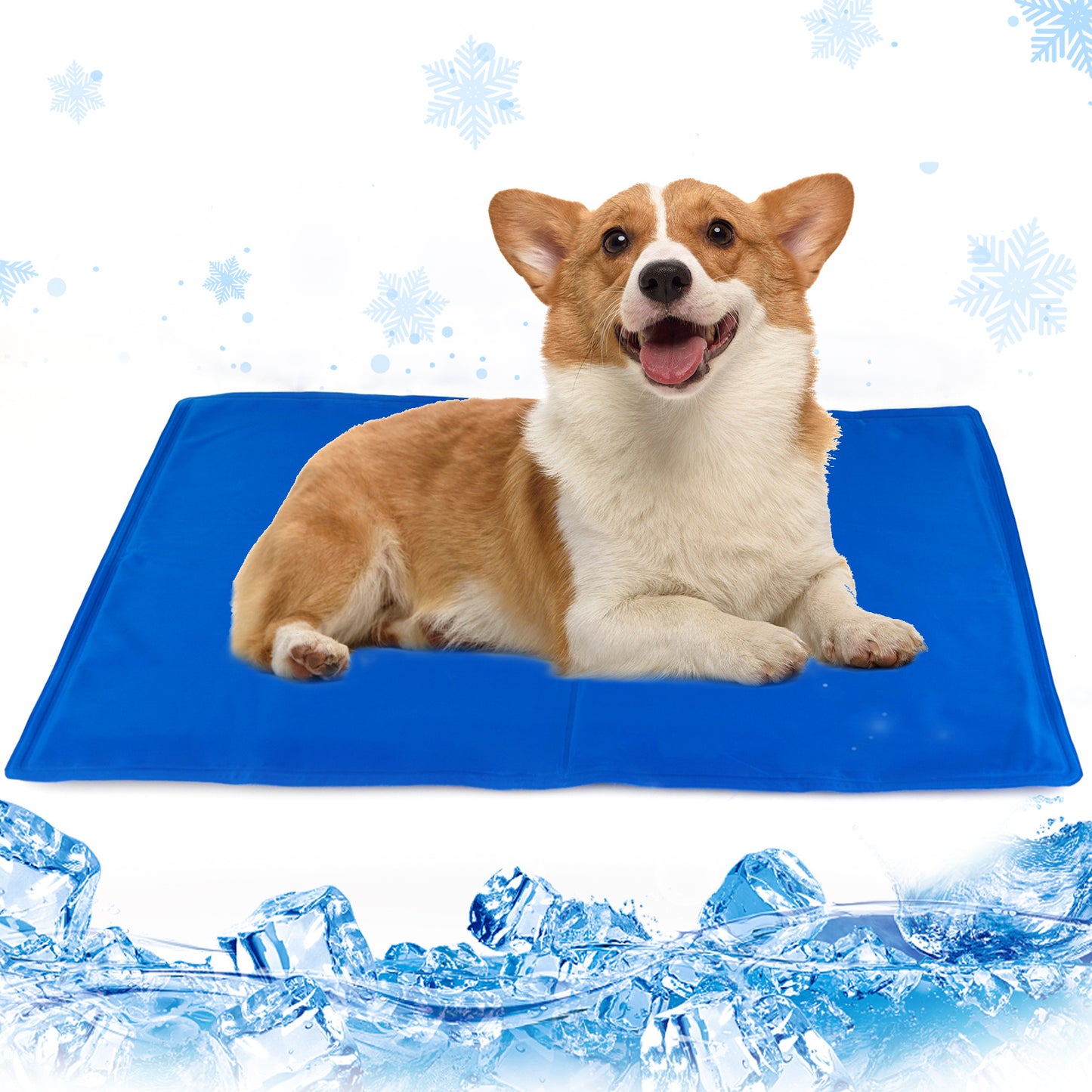 Dog resting on a pressure-activated cooling mat, providing comfort and relief on hot days. Cover image showcasing the pet cooling pad