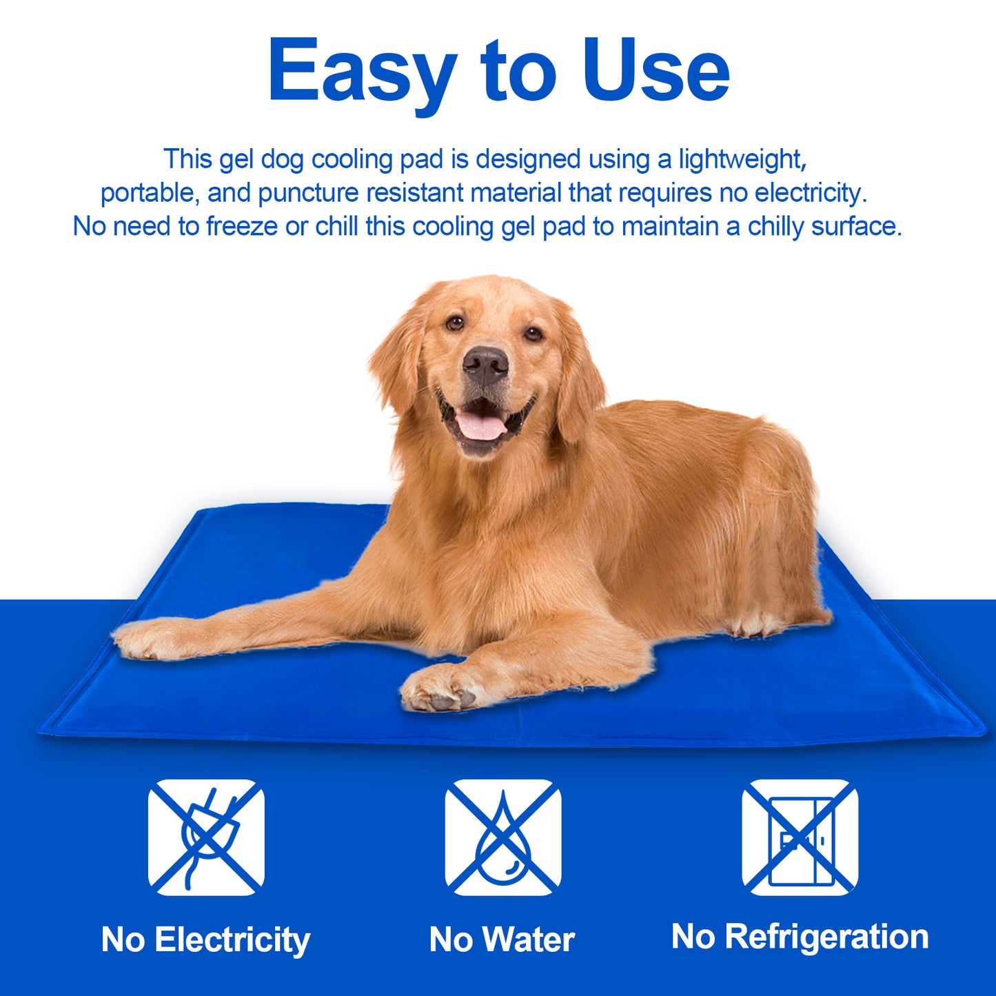 Dog lying on a cooling mat with 'Easy to Use' text, showcasing its hassle-free, pressure-activated design that requires no electricity or freezing.