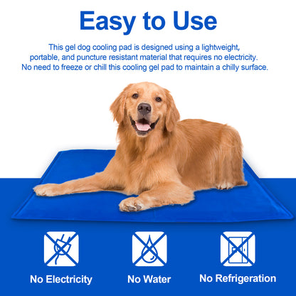 Dog lying on a cooling mat with 'Easy to Use' text, showcasing its hassle-free, pressure-activated design that requires no electricity or freezing.