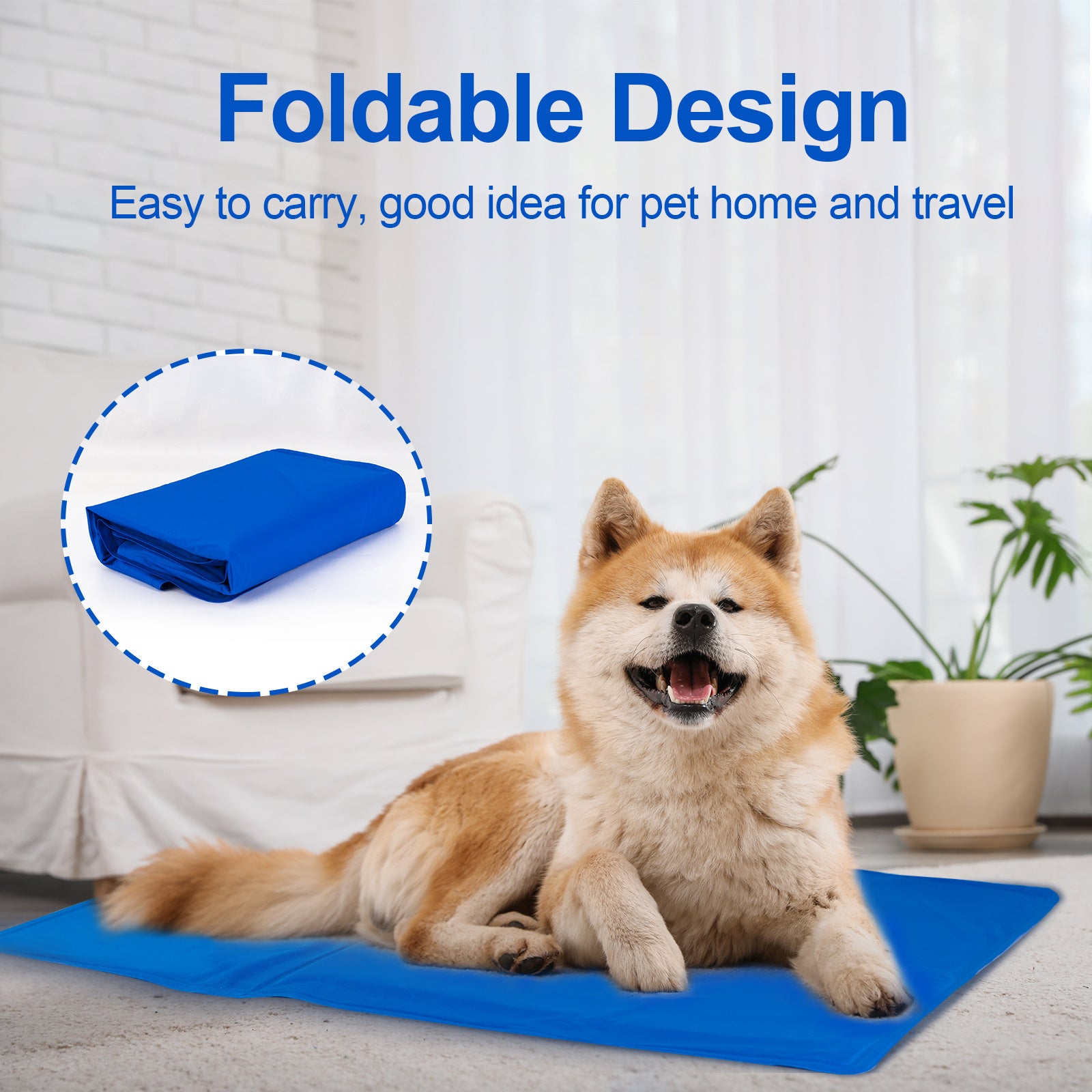 Foldable dog cooling mat shown in both open and folded positions, with a dog resting on it, highlighting its portable and easy-to-store design