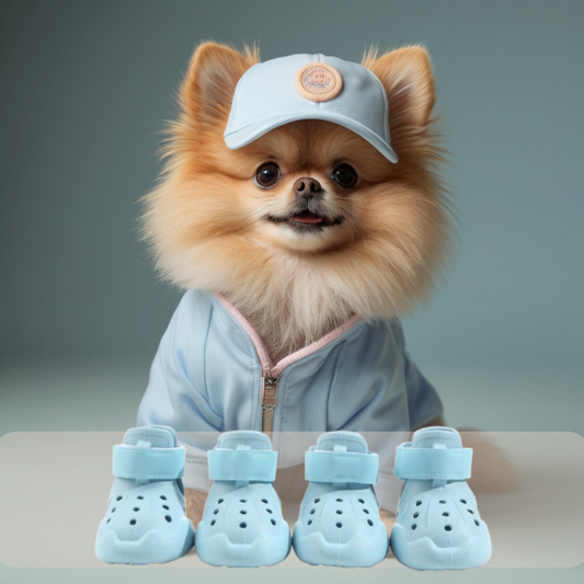 Small dog standing on all four paws wearing proportional EVA Crocs-style sandals in black, purple, light blue, and cream white on a neutral pastel background main image