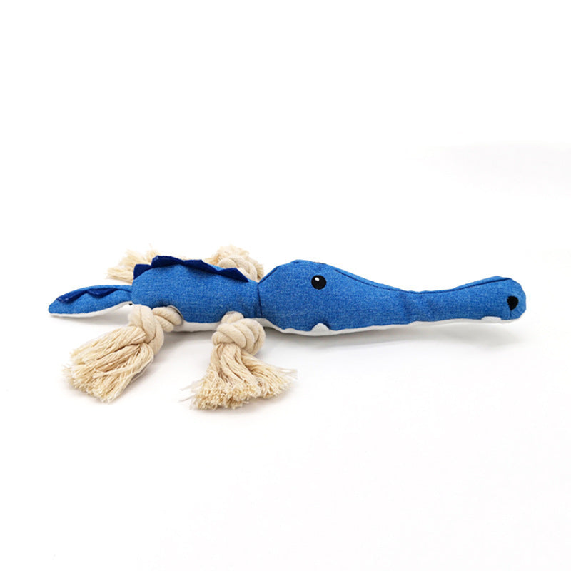 Knotted cotton rope dog chew toy in crocodile shape with squeaker