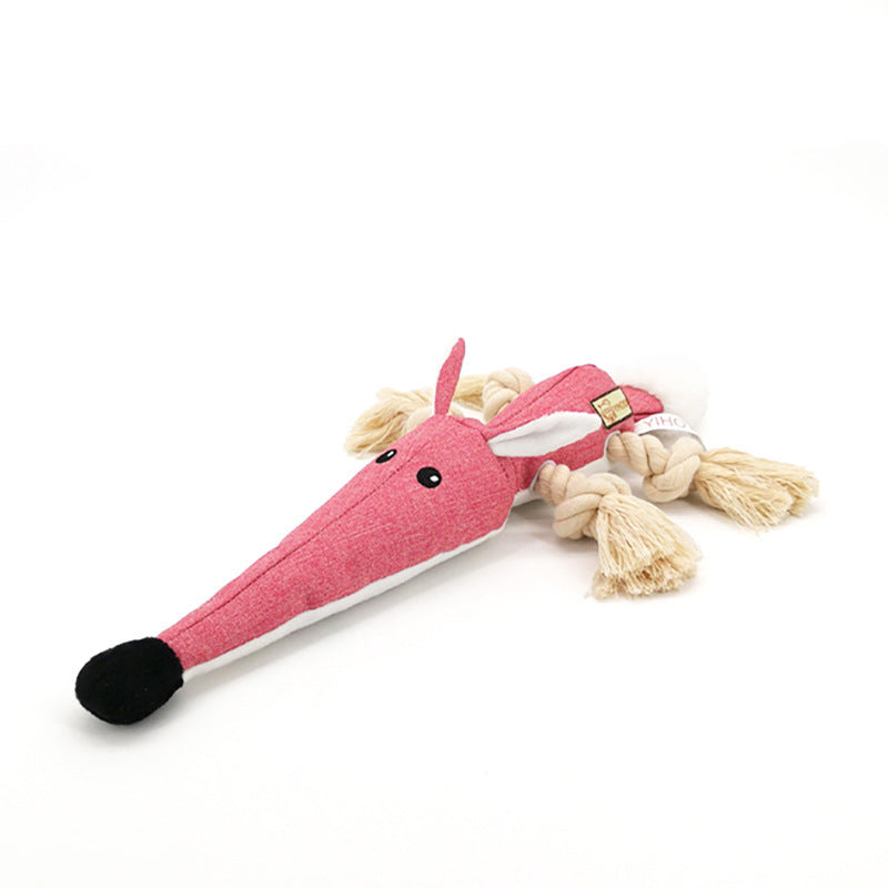 Knotted cotton rope dog chew toy in fox shape with squeaker