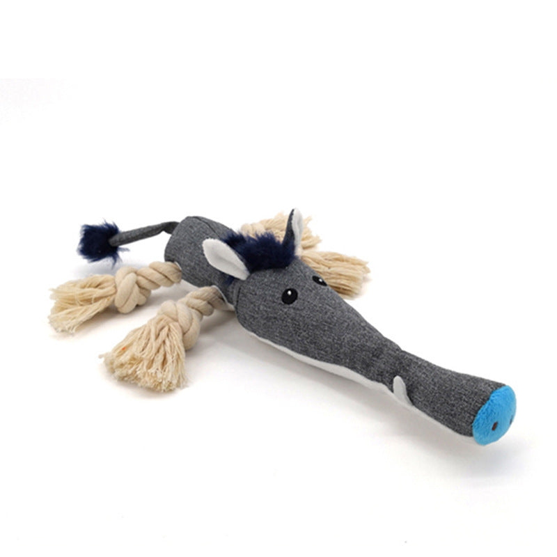 Knotted cotton rope dog chew toy in wild board shape with squeaker