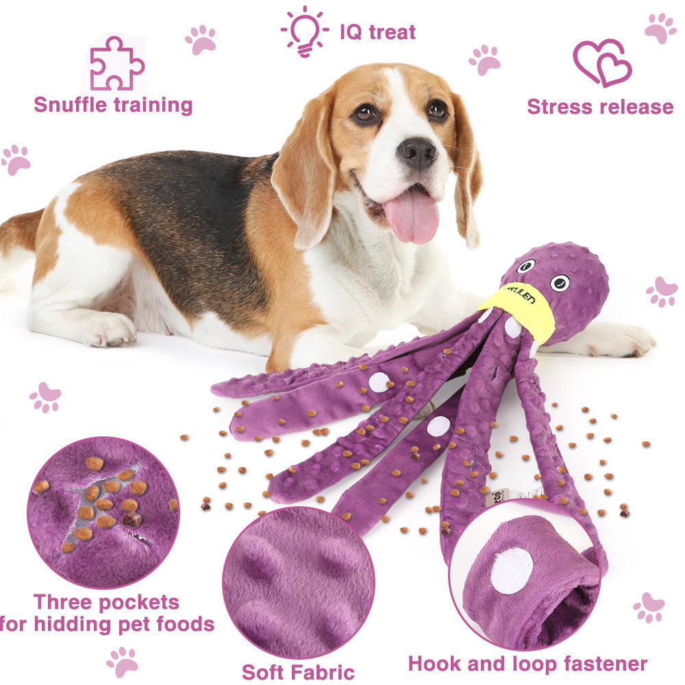 Interactive plush octopus dog toy with snuffle feature, chewable and slow-feeding design for mental stimulation and holiday fun benefits