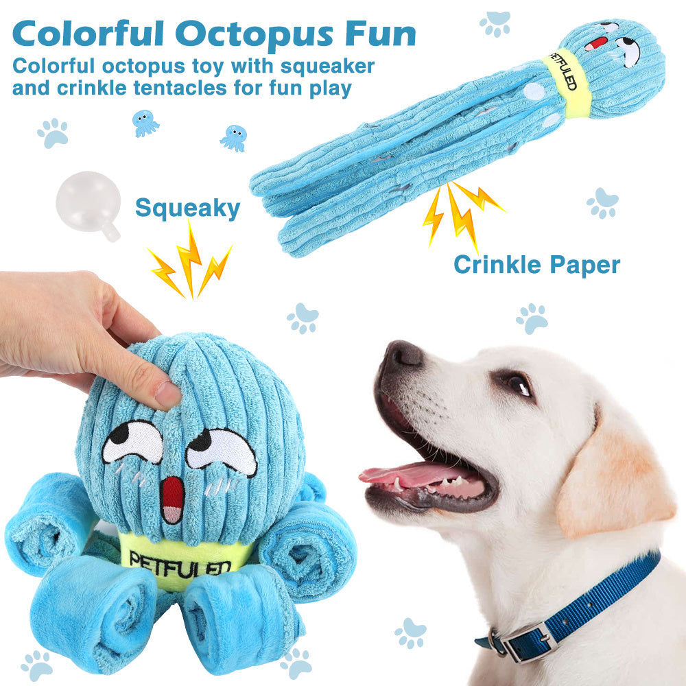 Interactive plush octopus dog toy with snuffle feature, chewable and slow-feeding design for mental stimulation and holiday fun colorful octopus fun