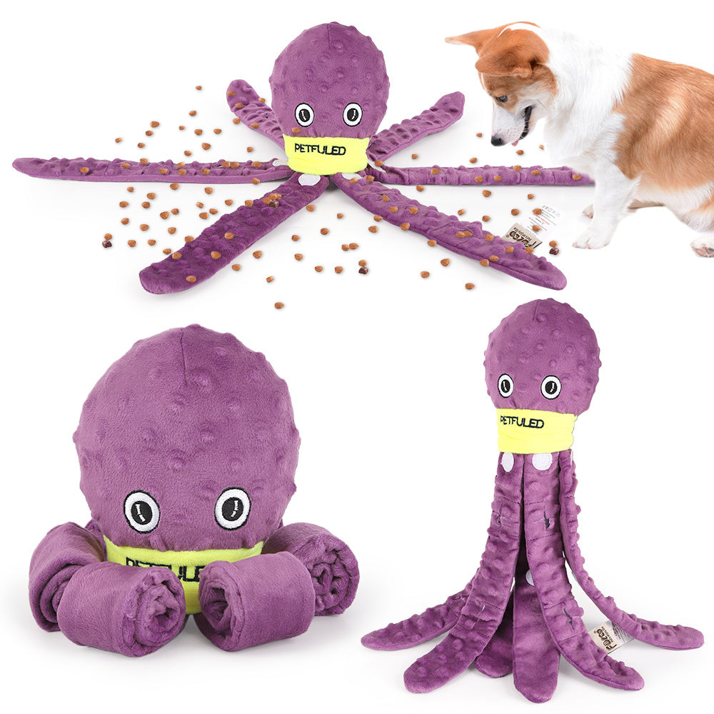 Interactive plush octopus dog toy with snuffle feature, chewable and slow-feeding design for mental stimulation and holiday fun cover image