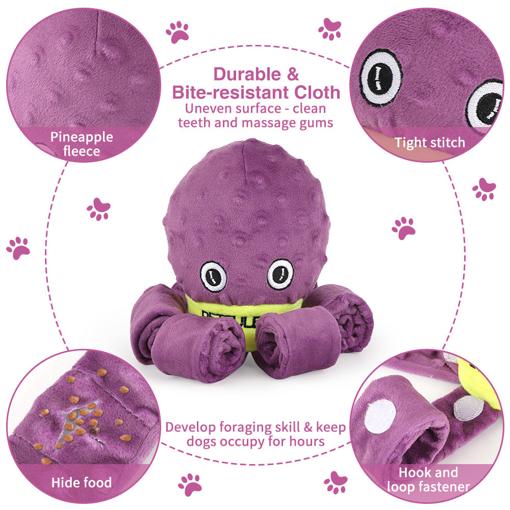 Interactive plush octopus dog toy with snuffle feature, chewable and slow-feeding design for mental stimulation and holiday fun design