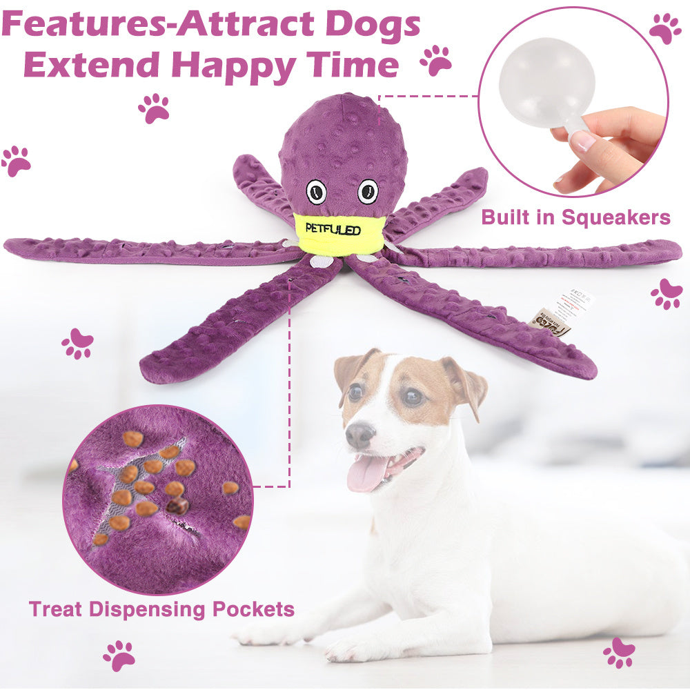 Interactive plush octopus dog toy with snuffle feature, chewable and slow-feeding design for mental stimulation and holiday fun features