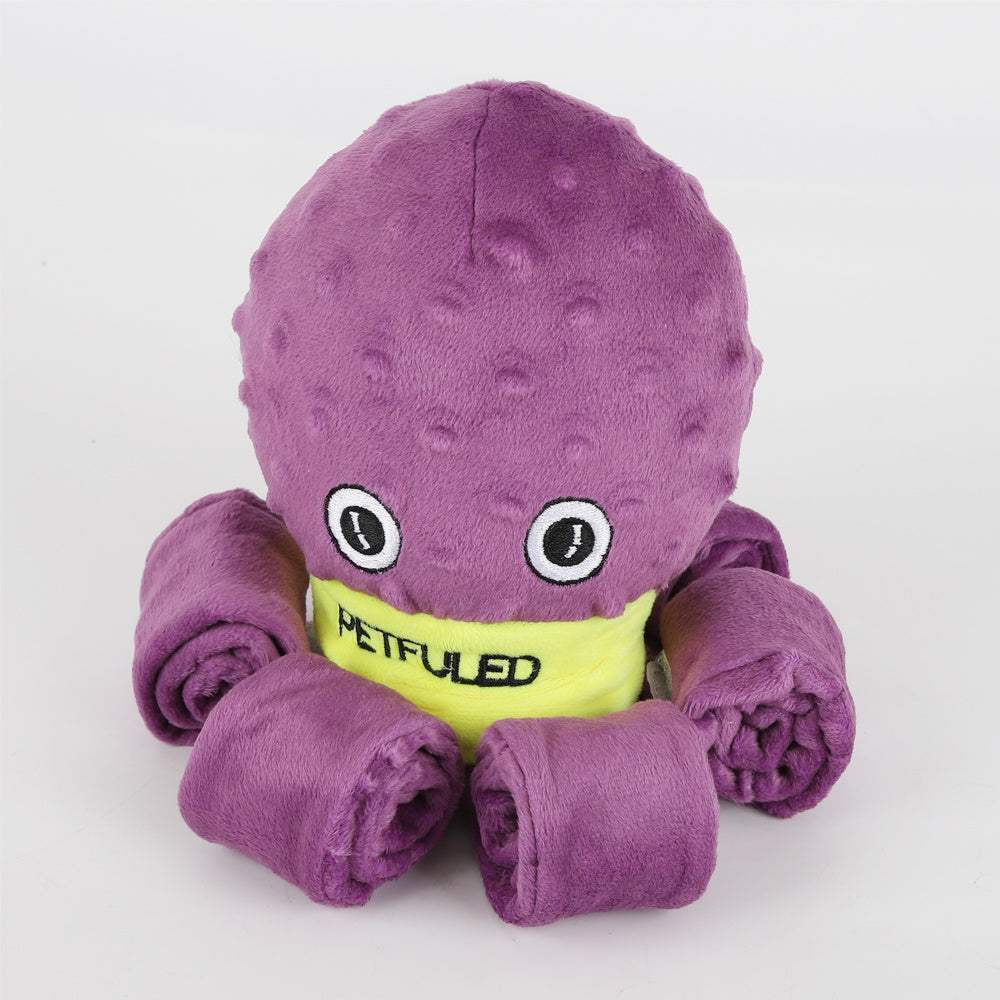 Interactive plush octopus dog toy with snuffle feature, chewable and slow-feeding design for mental stimulation and holiday fun purple variant