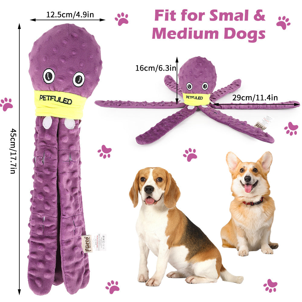 Interactive plush octopus dog toy with snuffle feature, chewable and slow-feeding design for mental stimulation and holiday fun size