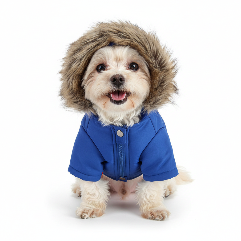 Dog wearing blue winter jacket - premium white background